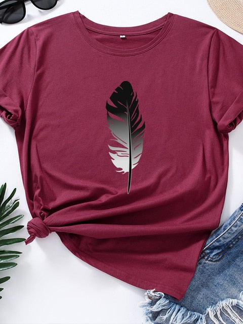 Black Feather Print T Shirt Women Short Sleeve