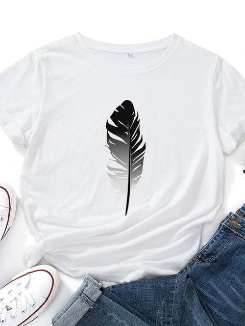 Black Feather Print T Shirt Women Short Sleeve