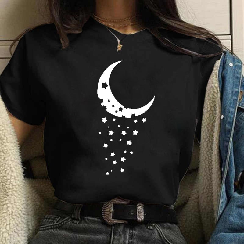 Girl Moon Women T Shirt Cartoon Graphic Printed Black