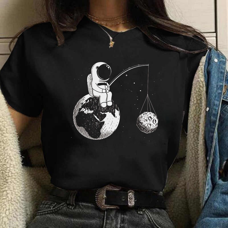 Girl Moon Women T Shirt Cartoon Graphic Printed Black